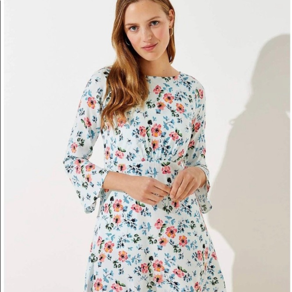 Loft Floral Tie Back Bell Sleeve Dress, Size 0